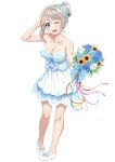  alternate_hairstyle bangs bare_shoulders blue_eyes blush bouquet bow bracelet breasts cleavage collarbone dress eyebrows_visible_through_hair floral_print flower full_body grey_hair hair_between_eyes hair_bun hair_flower hair_ornament jewelry looking_at_viewer love_live! love_live!_sunshine!! medium_breasts one_eye_closed ribbon salute simple_background smile solo strapless strapless_dress suzume_miku thank_you_friends!! watanabe_you white_background white_footwear 