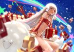  altera_(fate) altera_the_santa animal bangs bare_shoulders blush box breasts choker dark_skin detached_sleeves earmuffs eyebrows_visible_through_hair fate/grand_order fate_(series) full_body_tattoo gift gift_box gloves highres legs light_rays looking_at_viewer midriff navel night night_sky open_mouth outdoors photon_ray red_eyes revealing_clothes sheep short_hair sky small_breasts snow solo tattoo thighs tsuuhan veil white_gloves white_hair 