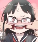  1girl black_hair blush finger_in_mouth glasses heart heart-shaped_pupils mouth mouth_pull open_mouth school_uniform spread_mouth sweatdrop symbol-shaped_pupils teeth tokkyuu_mikan tongue 