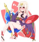  alcohol bangs barefoot_sandals blonde_hair blush breasts chawan_(yultutari) closed_mouth commentary cosplay cup eyebrows_visible_through_hair fate/grand_order fate/kaleid_liner_prisma_illya fate_(series) feet gourd hair_between_eyes hands_up headpiece highres holding illyasviel_von_einzbern japanese_clothes kimono legs long_hair long_sleeves looking_at_viewer navel obi off_shoulder open_clothes open_kimono purple_kimono red_eyes revealing_clothes sakazuki sake sash short_kimono shuten_douji_(fate/grand_order) shuten_douji_(fate/grand_order)_(cosplay) small_breasts smile soles solo very_long_hair wavy_mouth wide_sleeves 