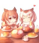  bangs bowl brown_eyes brown_hair butter chewing closed_eyes coat commentary_request cup curry drinking_glass eating eurasian_eagle_owl_(kemono_friends) eyebrows_visible_through_hair food food_on_face food_request fur_trim gloves hand_on_own_face heart holding holding_food holding_spoon ice ice_cube japari_bun kemono_friends long_sleeves looking_at_another matsuu_(akiomoi) medium_hair multicolored_hair multiple_girls napkin northern_white-faced_owl_(kemono_friends) pancake pitcher plate pom_pom_(clothes) pom_poms sitting spoon straw table white_background white_hair yellow_gloves 