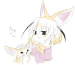  animal animal_ears blonde_hair bow brown_eyes closed_mouth extra_ears fennec_(kemono_friends) fennec_fox fox_ears gloves hair_between_eyes hand_up kemono_friends kokaki_mumose looking_at_viewer multicolored_hair petting pink_sweater puffy_short_sleeves puffy_sleeves short_hair short_sleeve_sweater short_sleeves smile smug sweater translation_request upper_body white_gloves yellow_bow 