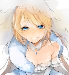  alternate_costume bangs blonde_hair blue_eyes blush breasts bridal_veil cleavage commentary dress earrings eyebrows_visible_through_hair g36_(girls_frontline) girls_frontline highres jewelry long_hair looking_at_viewer medium_breasts peanutc pendant shawl sidelocks simple_background smile solo veil wedding_dress white_background white_dress 