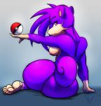  2018 anthro big_butt breasts butt fan_character feet female franny_(character) fur huge_butt jeffron looking_back mammal nintendo nipples nude pok&#039;e-characters pok&#039;eventure pok&eacute;ball pok&eacute;mon pok&eacute;mon_(species) purple_fur rattata side_boob smile solo thick_thighs video_games voluptuous 