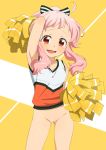  1girl anime_yell! bare_arms bare_shoulders blush bottomless bow cheerleader female hair_bow hatoya_kohane hayyan holding looking_at_viewer no_panties open_mouth paipan pink_hair pompoms pussy red_eyes shirt solo standing striped striped_bow sweat uncensored 