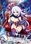  :d black_gloves blush card fang gloves hat jester_cap knees_together_feet_apart leotard long_hair looking_at_viewer mismatched_legwear navel navel_cutout official_art open_mouth red_eyes silver_hair sitting smile solo thighhighs very_long_hair z/x zeroshiki_kouichi 