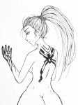  1girl ass blood breasts from_behind high_ponytail huge_ass long_hair looking_at_hand lxvecrxft monochrome nude overwatch sideboob solo tattoo widowmaker_(overwatch) 