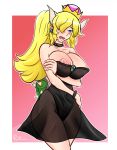  1girl armlet bare_shoulders black_leotard blonde_hair blue_eyes bowser bowsette bracelet breasts collar covered_navel crown erect_nipples erect_nipples_under_clothes female genderswap genderswap_(mtf) high_resolution horns jewelry large_breasts leotard mario_(series) new_super_mario_bros._u_deluxe nintendo nipples open_mouth picantium ponytail see-through sharp_teeth simple_background spiked_bracelet spiked_collar spikes standing strapless strapless_leotard super_crown super_mario_bros. teeth tied_hair turtle_shell very_high_resolution 