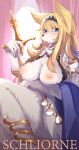 1girl blonde_hair blue_eyes breasts caprico dog furry long_hair nipples smile solo 
