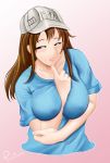  1girl alternative_bust_size blue_shirt blush brown_eyes brown_hair crossed_arms eyebrows_visible_through_hair female finger_to_mouth grown_up hat hataraku_saibou high_resolution large_filesize open_mouth picantium platelet_(hataraku_saibou) shirt short_sleeves smile solo upper_body very_high_resolution white_hat white_headwear 