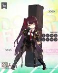  commentary_request english girls_frontline gloves grin hair_ribbon highres huge_weapon jacket kumonji_aruto long_hair luggage necktie purple_hair red_eyes ribbon smile solo translation_request wa2000_(girls_frontline) weapon younger 