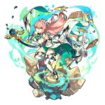  1girl artist_request blue_eyes bow_(weapon) breasts dragalia_lost green_eyes green_hair hair_ornament long_hair looking_at_viewer looking_back louise_(dragalia_lost) lowen_(dragalia_lost) official_art pink_hair sideboob thighhighs transparent_background weapon 