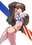  alisa_(girls_und_panzer) american_flag_bikini armpits ass bangs bikini breasts brown_eyes brown_hair butt_crack chestnut_mouth eyebrows_visible_through_hair flag_print freckles girls_und_panzer jacket looking_at_viewer nail_polish open_clothes open_jacket pose sasaki_tatsuya short_hair short_twintails small_breasts solo standing swimsuit tankini toned twintails underboob yellow_nails 