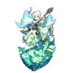  aqua_eyes artist_request dragalia_lost flower grass green_hair looking_at_viewer lowen_(dragalia_lost) official_art open_mouth shoes short_hair sitting smile socks staff wide_sleeves winged_shoes wings 