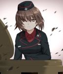  1girl bangs beni_(bluebluesky) black_hat black_jacket blurry_foreground brown_eyes brown_hair closed_mouth commentary debris dress_shirt emblem explosion frown garrison_cap girls_und_panzer hair_over_one_eye hat highres jacket kuromorimine_military_uniform long_sleeves looking_at_viewer military military_hat military_uniform motion_blur nishizumi_maho red_shirt serious shirt short_hair solo tank_cupola uniform upper_body v-shaped_eyebrows wing_collar 