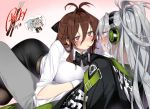  aek-999_(girls_frontline) ahoge blush brown_eyes brown_hair commentary_request deathalice english female_commander_(girls_frontline) food food_in_mouth girls_frontline green_eyes headphones imminent_kiss multiple_girls pantyhose pocky pocky_day pocky_kiss silver_hair yuri 