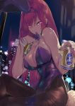  animal_ears beer_can black_legwear bow bowtie building bunny_ears bunnysuit can crossed_legs detached_collar fate/grand_order fate_(series) feet_out_of_frame leotard long_hair looking_at_viewer mouth_hold night ohland pantyhose purple_hair purple_leotard purple_neckwear red_eyes scathach_(fate)_(all) scathach_(fate/grand_order) sitting solo strapless strapless_leotard wrist_cuffs 