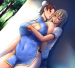  blonde_hair blue_dress breast_grab breasts brown_eyes brown_hair bun_cover buruma china_dress chinese_clothes chun-li cleavage cleavage_cutout covered_nipples double_bun dress grabbing gym_uniform hand_under_clothes kongeraatio large_breasts lili_(tekken) long_hair multiple_girls nipples no_bra no_panties short_dress skin_tight street_fighter tekken through_clothes yuri 