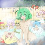  6+girls ? aki_minoriko aki_shizuha antennae bamboo bamboo_forest bathing blonde_hair blue_eyes blue_hair blush bow breast_envy breasts breasts_apart cirno eyebrows fang forest green_eyes green_hair hair_bow ice leaf letty_whiterock medium_breasts mizuhashi_parsee multiple_girls mystia_lorelei nagi_(pixiv119941) nature nipples o_o older onsen open_mouth pink_hair red_eyes rock romaji rumia shaded_face short_hair small_breasts steam sweatdrop team_9 tears thick_eyebrows touhou towel wet wings wriggle_nightbug 