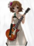  breasts brown_eyes brown_hair don't_say_&quot;lazy&quot; dress dress_pull elbow_gloves gloves guitar hirasawa_yui instrument k-on! kuku_px medium_breasts nipples plectrum see-through short_hair solo 