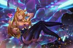  ahri animal_ears arm_up bare_shoulders black_legwear blonde_hair bracelet breasts choker cleavage commentary crossed_legs fingernails full_body hair_ornament heart high_heels highres jewelry k/da_(league_of_legends) k/da_ahri large_breasts league_of_legends leotard lips long_fingernails long_hair looking_at_viewer orangesekaii sitting smile solo strapless strapless_leotard tail thighhighs whisker_markings yellow_eyes 
