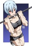  1girl abs ayanami_rei blue_hair exercise muscle muscular_female neon_genesis_evangelion open_mouth red_eyes short_hair short_shorts shorts solo sports_bra sweat 