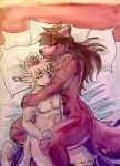  2018 anthro basitin bed breasts brown_fur canine cuddling duo female fur keidran keith_keiser male mammal manpersonguy mrease natani pillow size_difference sleeping smile tan_fur traditional_media_(artwork) twokinds watercolor_(artwork) wolf yellow_eyes 