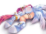  angel_wings angewomon anklet ass asymmetrical_clothes bare_shoulders barefoot blonde_hair cameltoe digimon digimon_adventure elbow_gloves feet full_body gloves head_wings helmet impossible_clothes jewelry legs long_hair lying multiple_wings on_side pants shinkaui single_glove single_pantsleg soles solo thigh_strap toes torn_clothes uncensored white_background white_gloves white_pants wings wrist_wings zipper 