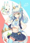  ;d animal_ear_fluff animal_ears arm_up bangs blue_bow blue_gloves blue_hair blue_legwear blue_nails blue_skirt blue_vest blush bow breasts character_request collarbone commentary_request creature crown dated eyebrows_visible_through_hair final_fantasy fingerless_gloves fingernails fox_ears fox_girl fox_tail frills gloves green_eyes grin hair_between_eyes hair_bow hand_on_hip highres looking_at_viewer medium_breasts midriff nail_polish navel neps-l one_eye_closed open_clothes open_mouth open_vest pleated_skirt shirt signature skindentation skirt sleeveless sleeveless_shirt smile tail tama_(world_of_final_fantasy) thighhighs v-shaped_eyebrows v_over_eye vest white_shirt world_of_final_fantasy yellow_bow 