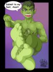  2018 5_toes athletic beast_boy blackbear cocky dialogue english_text feet foot_focus green_skin humanoid humanoid_feet male nipples nude penis pointing pointy_ears sharp_teeth simple_background sitting smile smirk solo speech_bubble teen_titans teeth text toes uncut 