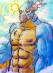  2018 abs anthro avian beak bird blue_feathers breath_of_the_wild clothed clothing cloud feathers human kass_(zelda) link macro male mammal manpersonguy mrease muscular nintendo nipples rito silhouette size_difference sun the_legend_of_zelda topless traditional_media_(artwork) video_games watercolor_(artwork) white_feathers wings yellow_feathers 