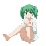  bare_legs barefoot bottomless cato_(monocatienus) commentary convenient_leg eyebrows_visible_through_hair feet full_body green green_eyes hair_bobbles hair_ornament japanese_clothes kimono kisume long_hair long_sleeves looking_at_viewer open_mouth simple_background sitting solo touhou twintails white_background white_kimono wide_sleeves 