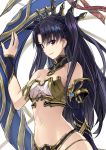  arm_up asymmetrical_sleeves bangs bare_shoulders black_hair black_ribbon black_sleeves blush breasts commentary_request crop_top eyebrows_visible_through_hair fate/grand_order fate_(series) fingernails hair_between_eyes hair_ribbon highleg ishtar_(fate/grand_order) long_hair looking_at_viewer navel parted_bangs parted_lips red_eyes ribbon single_sleeve small_breasts smile solo tiara two_side_up very_long_hair yahako 