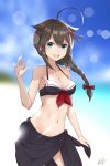  absurdres beach bikini black_hair blue_eyes blue_sky blush breasts commentary_request eyebrows_visible_through_hair hair_between_eyes hair_ornament hair_over_shoulder hair_ribbon hairclip highres kantai_collection long_hair looking_at_viewer medium_breasts neve ocean red_neckwear remodel_(kantai_collection) ribbon shigure_(kantai_collection) side_ponytail sky solo swimsuit 