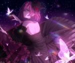  bare_shoulders black_dress black_hat breasts bug butterfly commentary detached_sleeves dress elf frilled_dress frills hat highres insect large_breasts looking_at_viewer lucid maplestory mini_hat mini_top_hat mp_nino night night_sky pink_hair pointy_ears protected_link purple_eyes purple_hair short_hair sky solo top_hat 