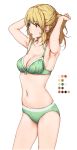  absurdres armpits arms_up blonde_hair bra breasts brown_eyes cleavage collarbone eyebrows_visible_through_hair green_bra green_panties highres long_hair medium_breasts mouth_hold navel original panties simple_background solo sosona standing tying_hair underwear underwear_only white_background 