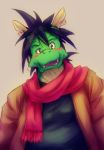  2010 anthro blue_hair blush clothed clothing dragon eastern_dragon fangs fully_clothed green_scales hair head_tilt horn jacket looking_at_viewer male morenatsu open_mouth scales scalie scarf shirt simple_background sirokitten2 slightly_chubby smile solo tatsuki_(morenatsu) teeth とらキトン 