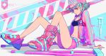  akiakane ass belt blue_hair breasts cast cleavage ear_piercing jacket midriff navel original parted_lips piercing purple_eyes sandals shoes short_hair shorts sitting sneakers 