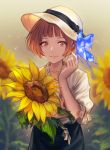  blurry blurry_background brown_eyes brown_hair bug butterfly commentary_request floral_background flower hat highres insect lee_hyeseung lips mole mole_under_eye original short_hair smile solo sun_hat sunflower 
