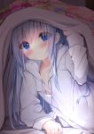  bed_sheet blue_eyes blue_hair blush breasts cellphone closed_mouth collarbone commentary_request gochuumon_wa_usagi_desu_ka? head_tilt highres hood hood_down hooded_jacket indoors jacket kafuu_chino kouda_suzu long_hair long_sleeves looking_at_viewer phone pom_pom_(clothes) screen_light small_breasts smile solo under_covers very_long_hair white_jacket 
