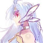  bare_shoulders blue_hair collar collarbone commentary_request forehead_protector kos-mos long_hair negresco profile red_eyes sketch solo white_background wind xenoblade_(series) xenoblade_2 