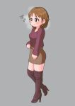  absurdres boots breasts brown_hair commentary_request earrings hair_flaps high_heels highres idolmaster idolmaster_cinderella_girls jewelry katagiri_sanae large_breasts short_hair steam thigh_boots thighhighs user_pmnp7743 