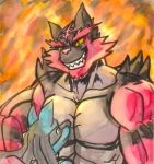  2018 abs abstract_background anthro black_fur blue_fur canine duo feline fire fur incineroar lucario male mammal manpersonguy mrease muscular muscular_male nintendo pok&eacute;mon pok&eacute;mon_(species) red_fur teeth traditional_media_(artwork) video_games watercolor_(artwork) yellow_sclera 