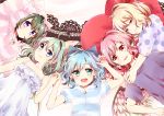  ahoge animal_hood bare_arms bare_shoulders bell bird_wings blonde_hair blue_bow blue_eyes blue_hair bow cat_hood cirno closed_mouth commentary_request daiyousei feathered_wings frills green_eyes green_hair hair_between_eyes hair_bow half-closed_eyes heart heart_pillow holding_hands hood hug interlocked_fingers jingle_bell kuromame_(8gou) long_hair looking_at_viewer lying multiple_girls mystia_lorelei on_back open_mouth pajamas pillow pink_eyes pink_hair polka_dot purple_eyes red_bow red_eyes rumia shirt smile striped t-shirt team_9 touhou upper_body upper_teeth wings wriggle_nightbug yellow_bow 