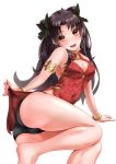  1girl artist_request ass bare_shoulders barefoot blush bracelets breasts brown_hair china_dress chinese_clothes come_hither dress earrings fate/grand_order fate_(series) hair_ribbon hoop_earrings ishtar_(fate/grand_order) jewelry long_hair looking_at_viewer open_mouth panties red_eyes ribbon shiny shiny_hair shiny_skin smile solo tohsaka_rin two_side_up underwear very_long_hair 