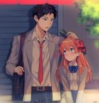  1girl artist_name bag black_hair blazer blue_bow blurry_foreground blush bow bowtie brown_eyes collarbone dress_shirt gekkan_shoujo_nozaki-kun grey_pants grey_skirt hair_bow head_tilt holding holding_leaf jacket leaf long_hair mery_(apfl0515) necktie nozaki_umetarou open_blazer open_clothes open_jacket orange_hair outdoors pants pleated_skirt polka_dot polka_dot_bow red_bow red_neckwear sakura_chiyo school_bag school_uniform shiny shiny_hair shirt skirt white_polka_dots white_shirt 