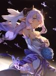  bare_shoulders blue_eyes blue_flower blue_rose blush bouquet breasts bridal_veil cleavage draph dress ecien elbow_gloves floating_hair flower gloves granblue_fantasy hair_ornament hair_over_one_eye highres holding holding_bouquet horns large_breasts leotard long_hair looking_at_viewer low_tied_hair narmaya_(granblue_fantasy) open_mouth pointy_ears purple_hair rose smile solo strapless strapless_dress thighhighs veil wedding_dress wind 