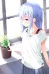  bangs blue_eyes blush collarbone day eyebrows_visible_through_hair gochuumon_wa_usagi_desu_ka? grey_skirt hair_between_eyes hair_ornament highres indoors kafuu_chino kouda_suzu long_hair plant pleated_skirt shirt short_sleeves silver_hair skirt solo standing white_shirt window x_hair_ornament 