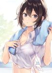  blue_eyes blue_towel breasts brown_hair cleavage collarbone dress_shirt eyebrows_visible_through_hair hair_between_eyes looking_to_the_side medium_breasts midriff mole mole_under_eye original shirt short_hair shugao solo standing stomach tied_shirt towel towel_around_neck upper_body wet wet_hair white_background white_shirt 