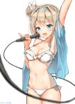  :d arm_up bangs bare_shoulders bikini blue_eyes blue_hairband blue_jacket blurry blurry_foreground blush breasts cleavage collarbone commentary depth_of_field eyebrows_visible_through_hair girls_frontline hair_between_eyes hair_bun hairband highres holding holding_microphone jacket lee_seok_ho light_brown_hair medium_breasts microphone open_clothes open_jacket open_mouth outstretched_arm round_teeth sidelocks smile solo suomi_kp31_(girls_frontline) swimsuit teeth upper_teeth white_background white_bikini 